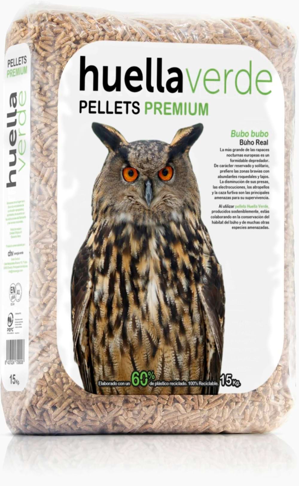 Parte delantera del saco de pellets Huella Verde (Búho)